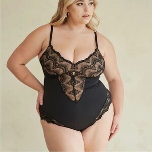 New Pinsy Shape wear bodysuit compression lingerie sexy one piece lace 2X black